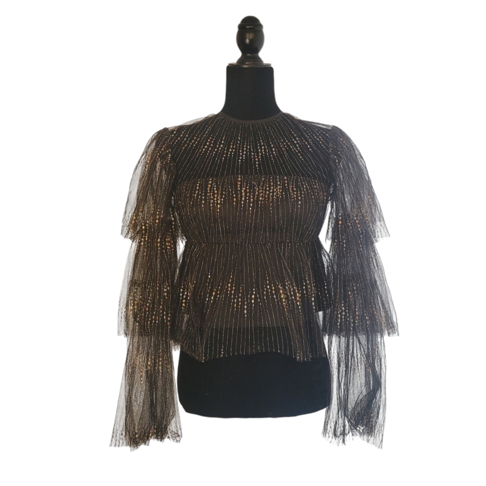 Alice McCall Sheer Metallic/Black Long Sleeve Top Size 4